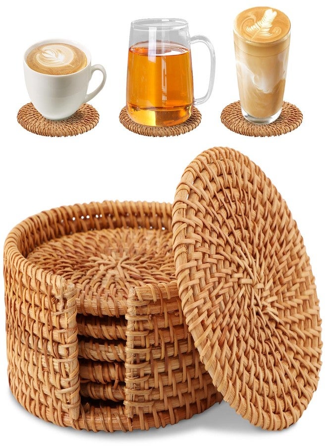 Restynic 6pcs Handmade Rattan Coaster Set with Holder - Wicker Coasters, Heat-Resistant Drink Coasters for Coffee Table, Housewarming Gifts, Home Decor - Image 1